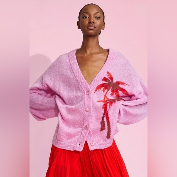 CYNTHIA ROWLEY Intarsia Palm Tree Pink Cardigan Mohair Blend size Large - Picture 1 of 15
